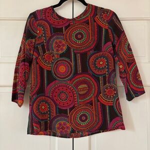 Trina Turk 3/4 Sleeve Shirt Small Abstract Floral 100%‎ Silk Retro 70s 90s Club